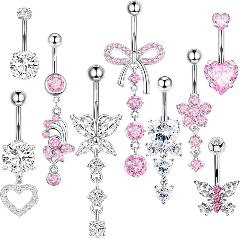 Suotarn 14G Belly Button ring Dangle Belly Rings Surgical Stainless Steel Cute Bow Butterfly Heart Flower Dangling Belly Button Piercing Jewelry For Women Silver Dainty Dangly Navel Ring - Image 1
